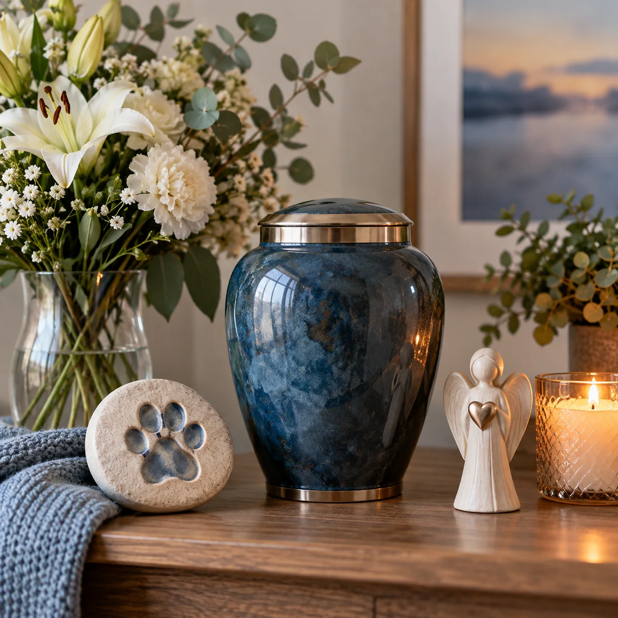 Urna azul, flores y vela en un ambiente tranquilo